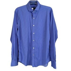 Bugatchi Shirt Mens Medium Blue Geometric Nylon Stretch Long‎ Sleeve Shaped Fit
